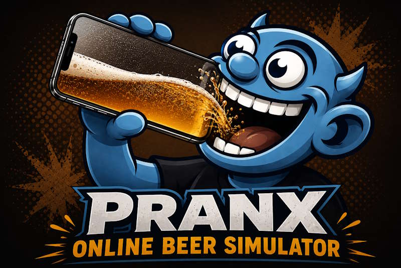 The Pranx troll tipping a phone full of beer into his mouth, with the beer pouring out of the screen